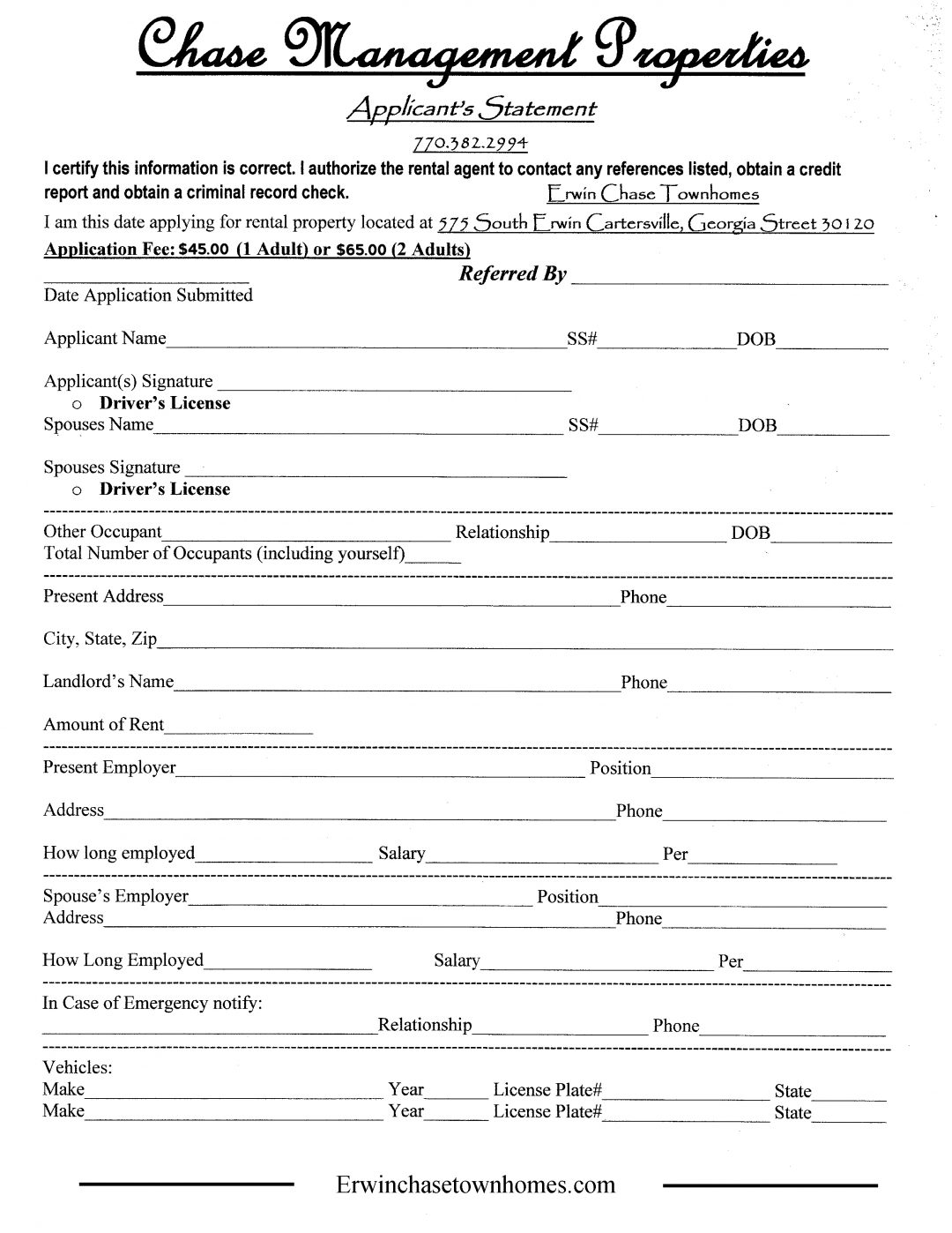 Application Erwin Chase Townhomes